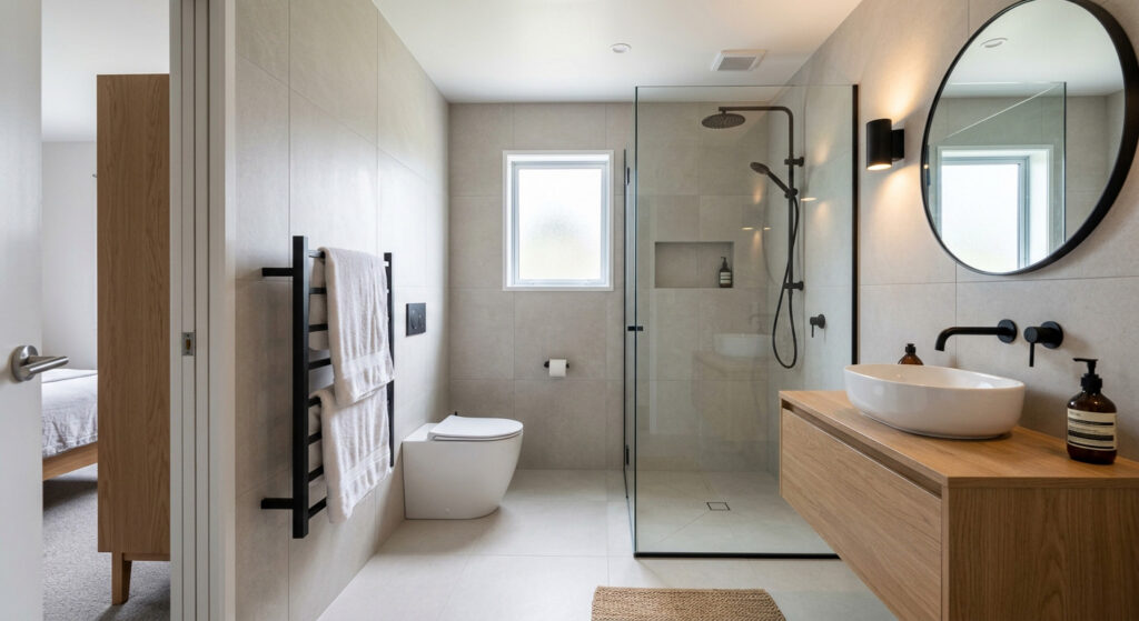 Modern ensuite with walk-in shower, timber vanity and round black mirror