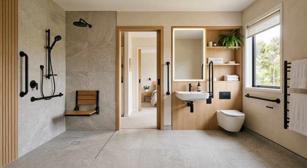 Accessible bathroom with grab rails, fold-down shower seat and wall-hung vanity