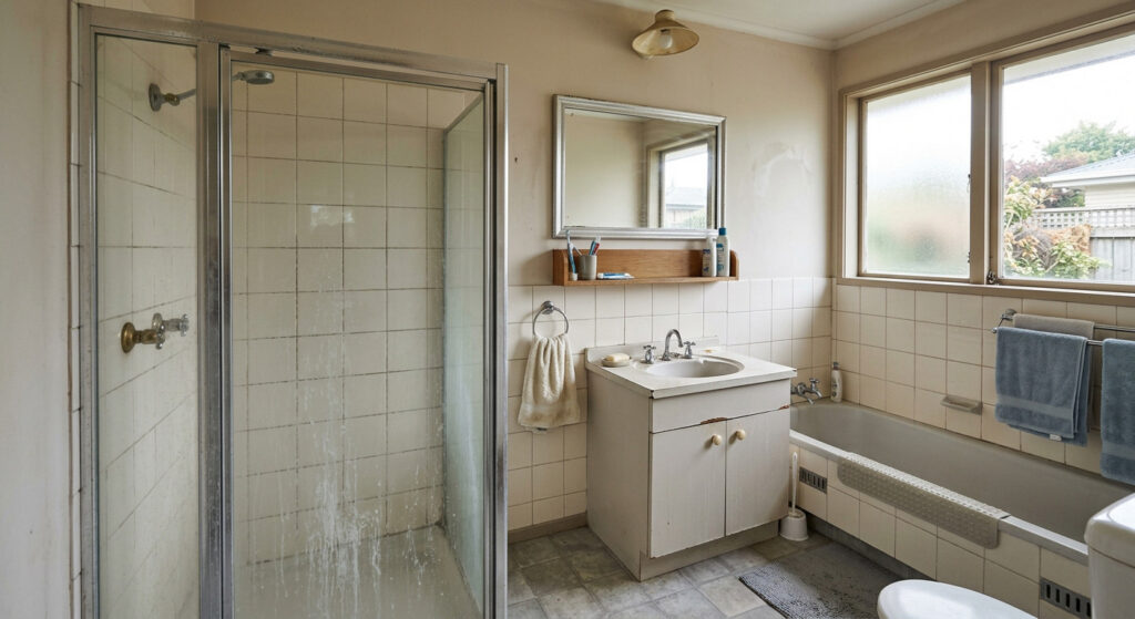 Dated bathroom before renovation with old shower and vanity