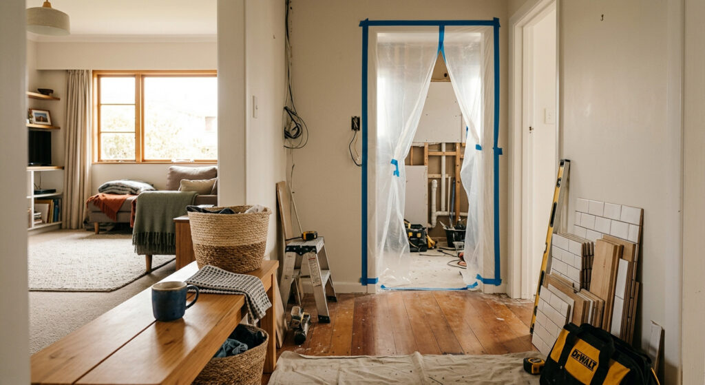 Home renovation in progress with tools and materials in the hallway