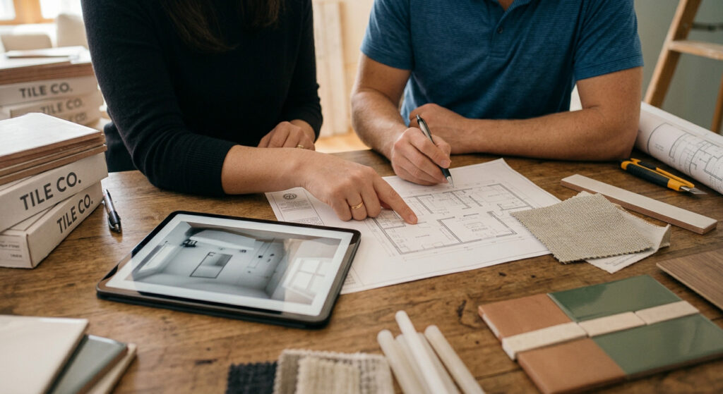 Homeowners planning a bathroom renovation with tile samples and drawings
