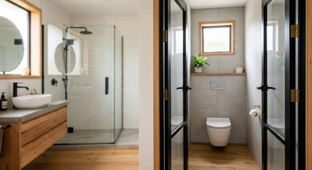 Bathroom with separate toilet room behind black-framed glass doors