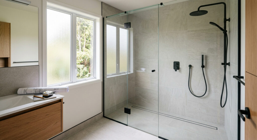 Large walk-in shower with black tapware and frameless glass