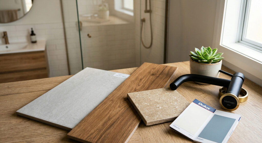 Bathroom tile and timber samples laid out on a vanity