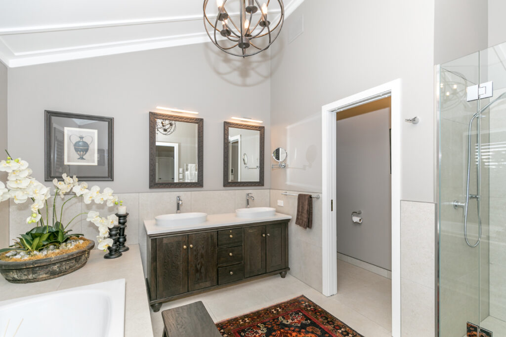Front view of a luxury ensuite double vanity