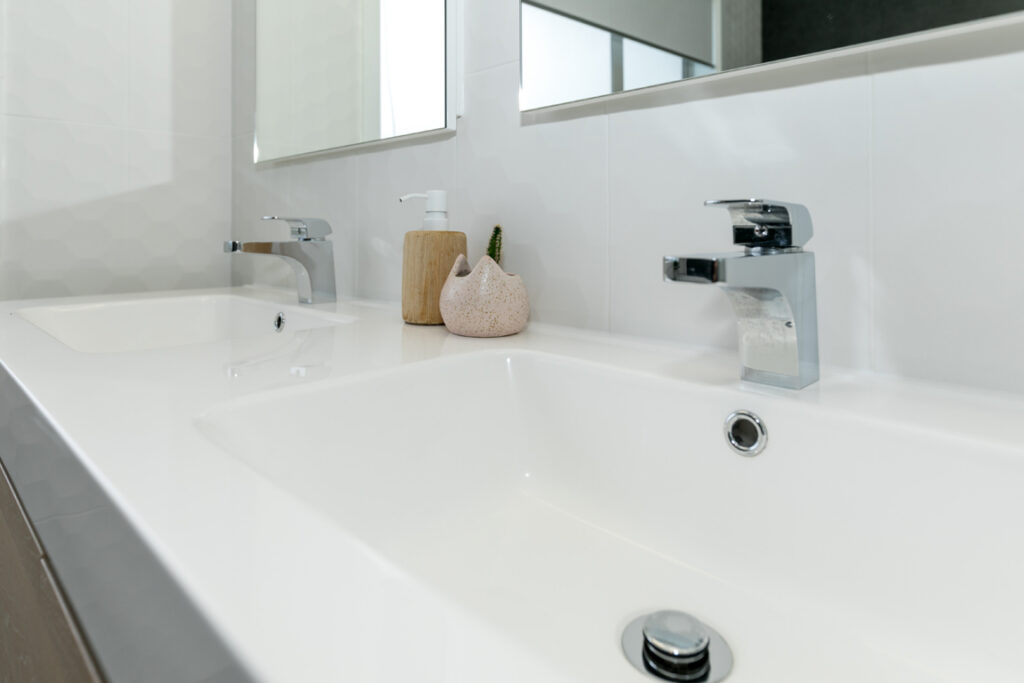 Close-up of a modern double basin vanity
